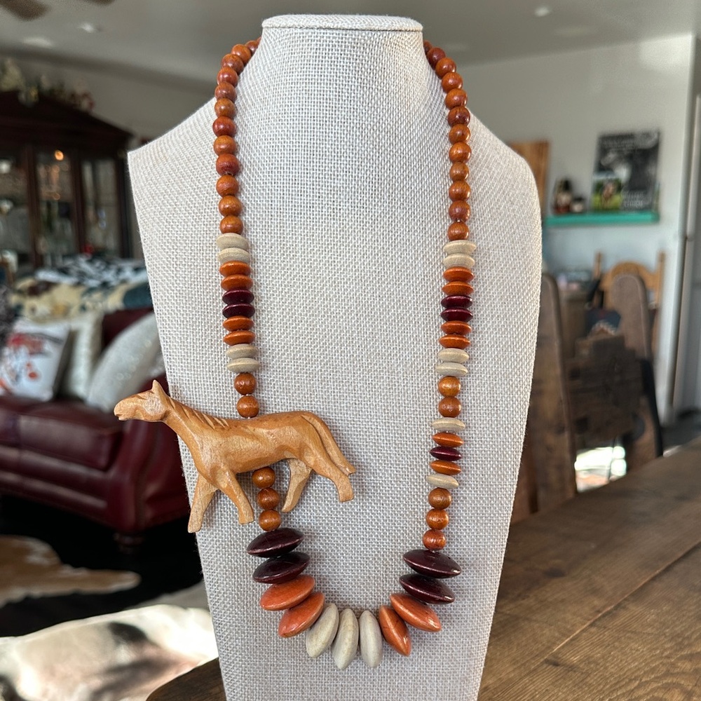 Wooden Bead  Necklace with Carved Horse Pendant